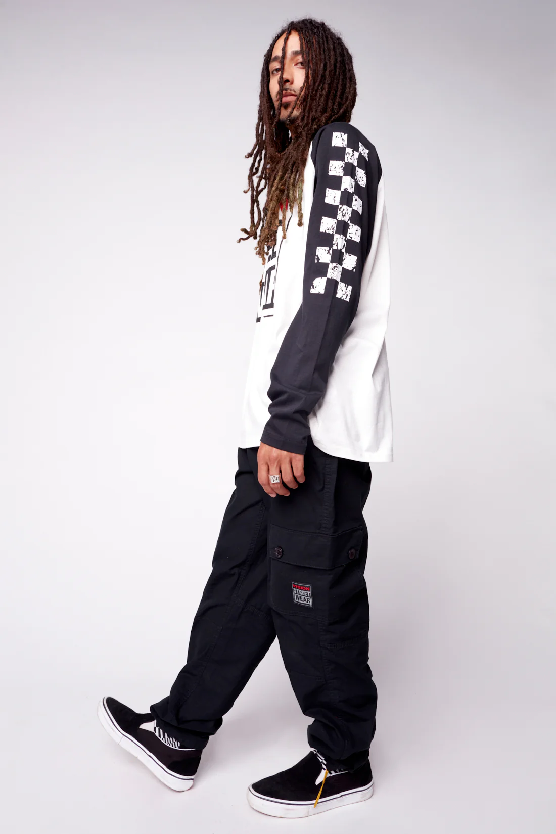 Checker Print Sleeve Logo T-Shirt - Ivory/Black - Image 5