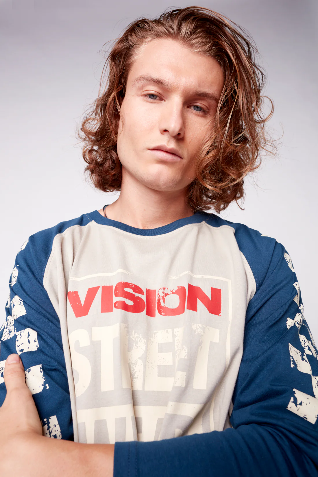 Checker Print Sleeve Logo T-Shirt - Mushroom/Navy - Image 3