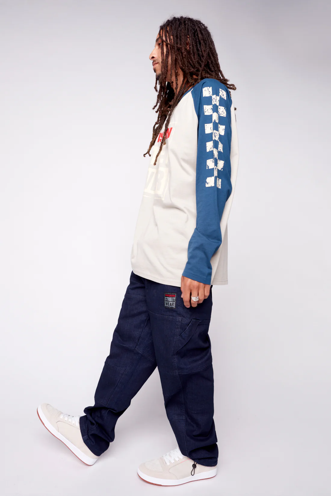 Checker Print Sleeve Logo T-Shirt - Mushroom/Navy - Image 4