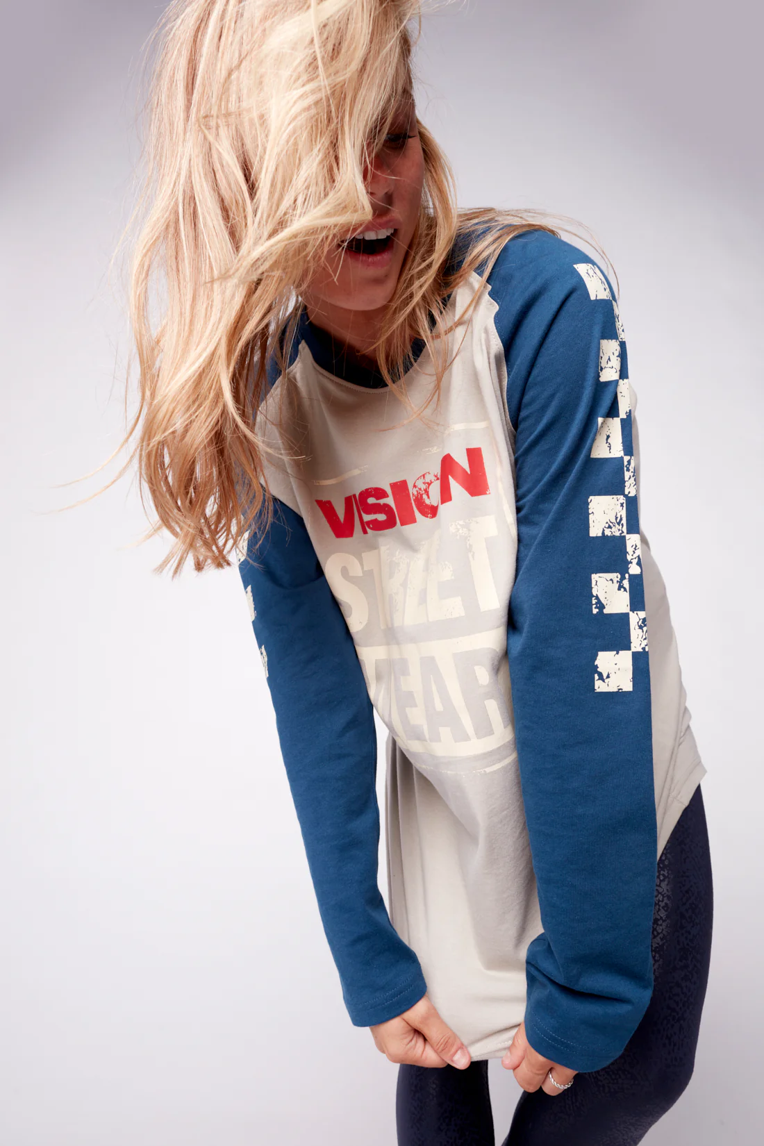 Checker Print Sleeve Logo T-Shirt - Mushroom/Navy - Image 5