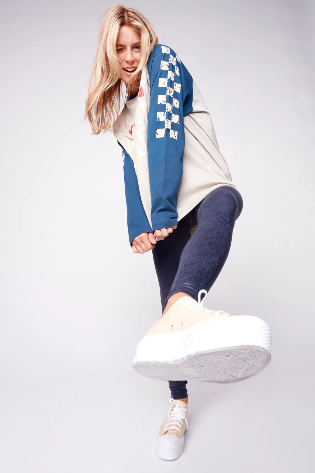 Checker Print Sleeve Logo T-Shirt - Mushroom/Navy - Image 6