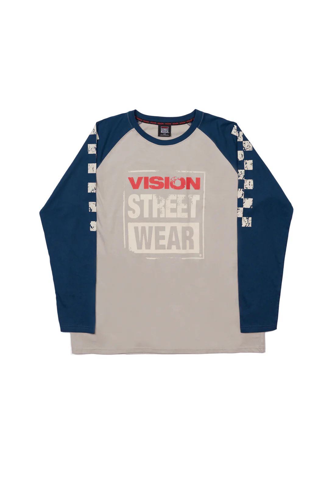 Checker Print Sleeve Logo T-Shirt - Mushroom/Navy - Image 7